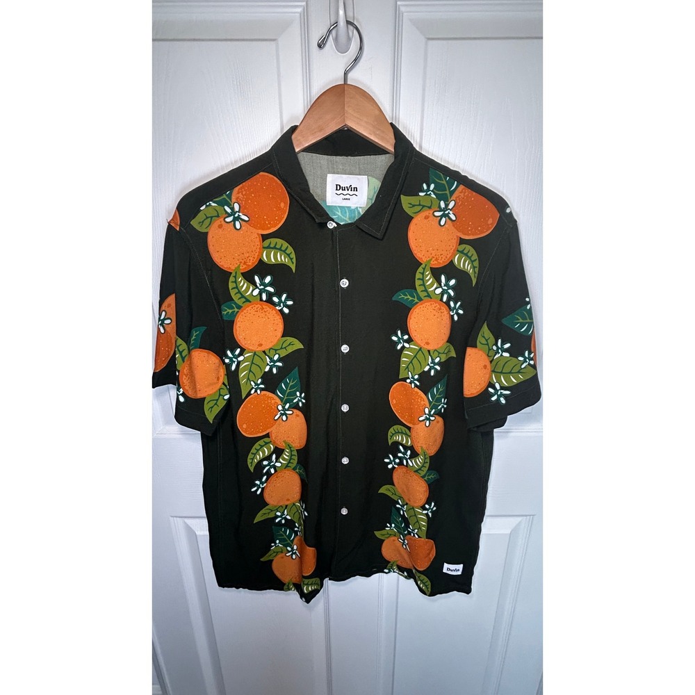 Duvin Button Down Shirt Large Dark Green Oranges Hula Girl Rayon Short Sleeve